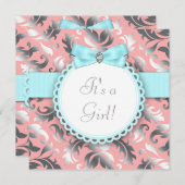 コーラルティール（緑がかった色）ブルー&グレーベビーシャワー 招待状 (正面/裏面)