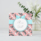 コーラルティール（緑がかった色）ブルー&グレーベビーシャワー 招待状 (スタンド正面)