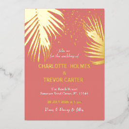 コーラルトロピカルパームズサマービーチ結婚式金ゴールド 箔招待状