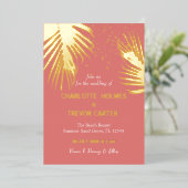 コーラルトロピカルパームズサマービーチ結婚式金ゴールド 箔招待状 (立ち正面)