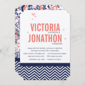 コーラルネイビーとコーラルジグザグアンドフローラ結婚ズ 招待状 (正面/裏面)