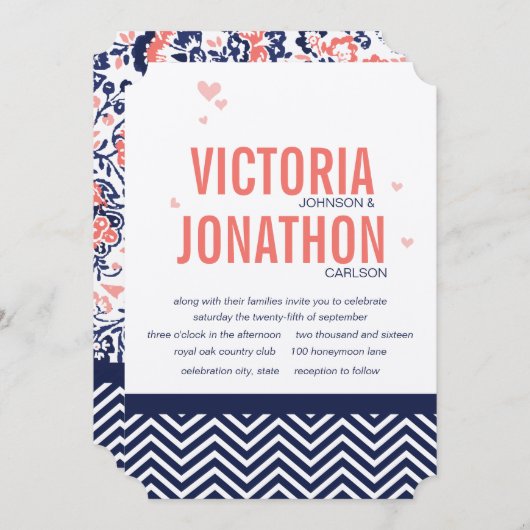 コーラルネイビーとコーラルジグザグアンドフローラ結婚ズ 招待状 (正面/裏面)
