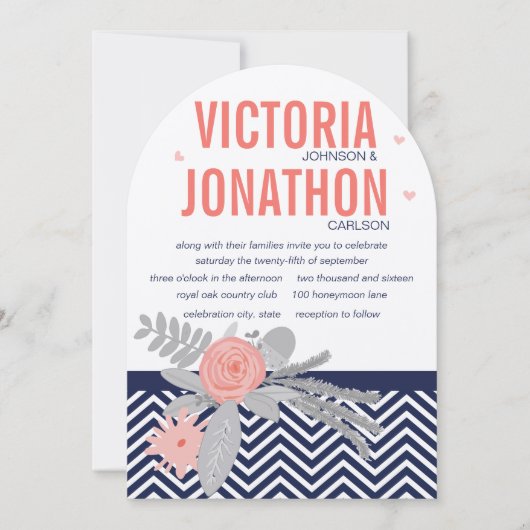 コーラルネイビーとピンクジグザグアンドフローラ結婚ズ 招待状 (正面)