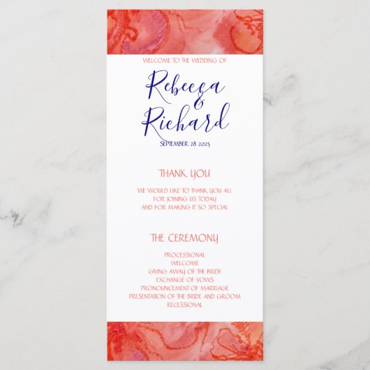 コーラルネイビーブルーウォーターカラーフローラ結婚式 プログラム (正面)