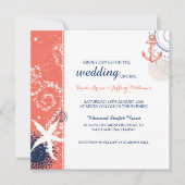 コーラルネイビーブルーホワイト航海のズ結婚ズ 招待状 (正面)