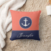 コーラルネイビーブルー航海のいかりデザイン名前をカスタムする クッション (ブランケット)