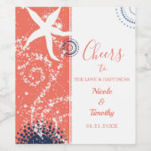 コーラルネイビーホワイトビーチ結婚式 ワインラベル (シングルラベル)