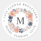 コーラルネイビーボタニカルモノグラム差出人住所 ラウンドシール (正面)
