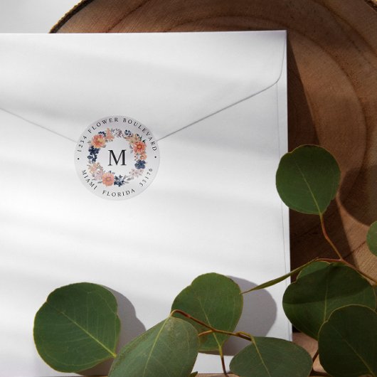 コーラルネイビーボタニカルモノグラム差出人住所 ラウンドシール