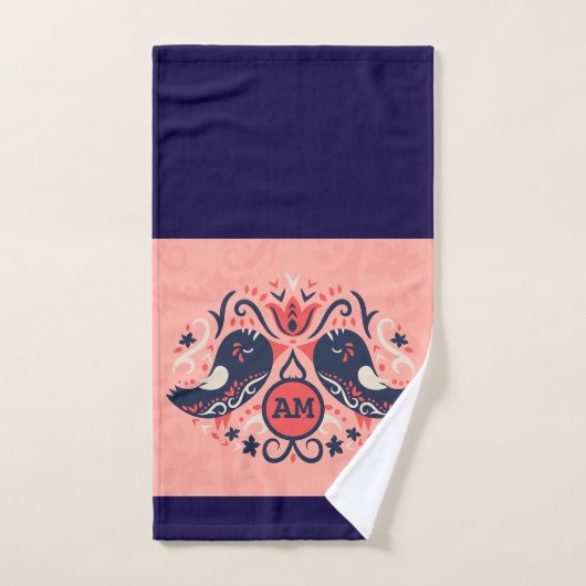 コーラルネイビーモノグラムのブルーフォークアートバードデコール バスタオルセット (ハンドタオル)