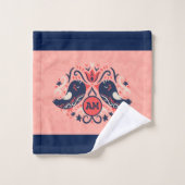 コーラルネイビーモノグラムのブルーフォークアートバードデコール バスタオルセット (ウォッシュタオル)