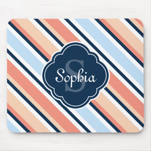 コーラルネイビー傾斜ストライプパターン マウスパッド (正面)
