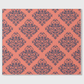 コーラルネイビー&シルバーヴィンテージダマスク ラッピングペーパー (フラット)