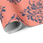 コーラルネイビー&シルバーヴィンテージダマスク ラッピングペーパー (ロールコーナー)