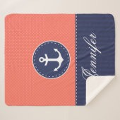 コーラルネービーブルー航海のいかりデザイン名前をカスタムする シェルパブランケット (正面(横))