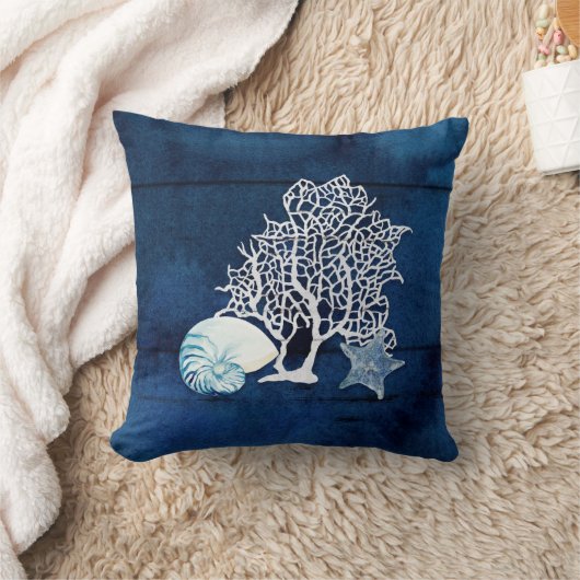 コーラルノーティルスヒトデフィッシュシーシェルビーチハウスネイビー クッション (ブランケット)