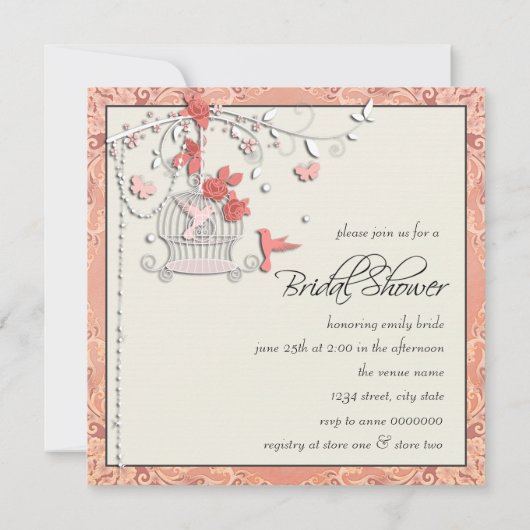 コーラルバエレガントードケージブライダルシャワー 招待状 (裏面)