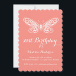 コーラルバタフライ21st誕生日招待状 招待状<br><div class="desc">リボンファンシータイプと手のスケッチ蝶アクセントこの誕生日の招待。</div>