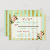 コーラルバラグリーンフローラストライプのウェディングRSVPカード 出欠カード (正面/裏面)