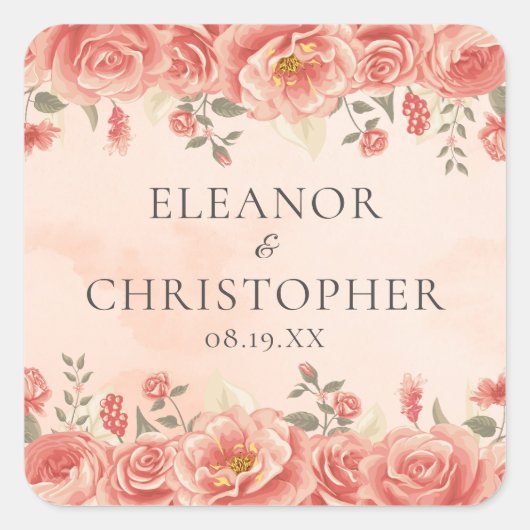 コーラルバラシックピーチウォーターカラーフローラ結婚ズ スクエアシール (正面)
