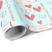 コーラルパーソナライズされたアクアハートホリデー紙 ラッピングペーパー (ロールコーナー)