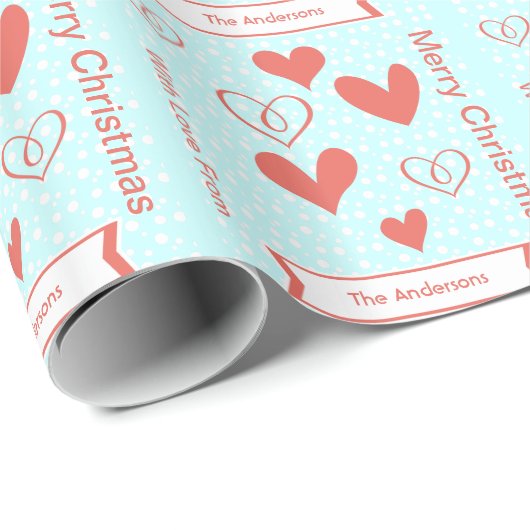 コーラルパーソナライズされたアクアハートホリデー紙 ラッピングペーパー (ロールコーナー)