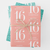 コーラルパーソナライズされたピンクターコイズグリッタースイーツ16 ラッピングペーパーシート (インサイチュ)