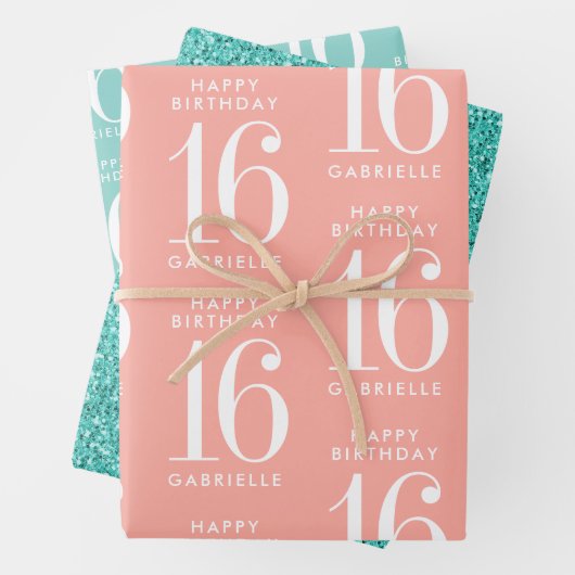 コーラルパーソナライズされたピンクターコイズグリッタースイーツ16 ラッピングペーパーシート (インサイチュ)