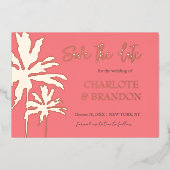 コーラルパームツリーズビーチ結婚式日付金ゴールドを保存 箔招待状 (正面)