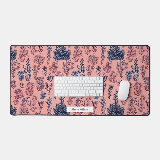 コーラルピインスパイアンクとブルーの水のカラーパターン デスクマット (キーボード&マウス)