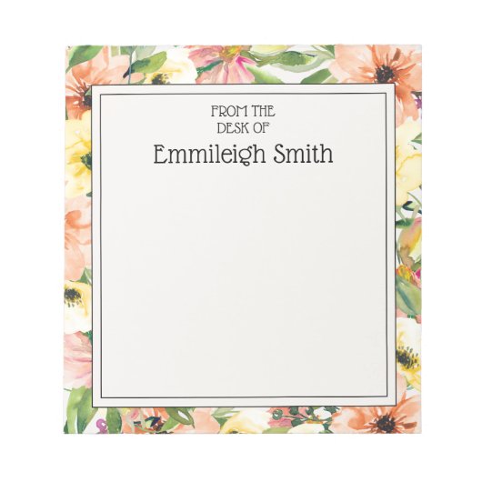 コーラルピエレガントックピンクイエローウォーターカラーガーデンフローラ ノートパッド (正面)