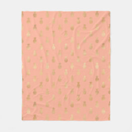 コーラルピエレガントンクと金ゴールドパイナップルパターン フリースブランケット