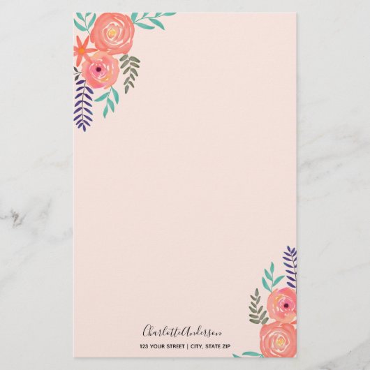 コーラルピカスタマイズックウォーター色フラワーブーケ 便箋 (正面)