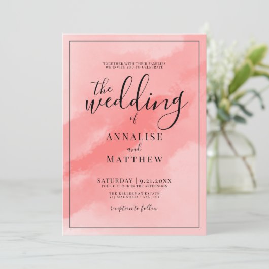 コーラルピシンプルックエレガントスウォーター結婚カラー 招待状 (スタンド正面)