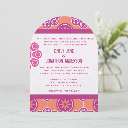 コーラルピモダンンクとオレンジの花柄 招待状 (スタンド正面)