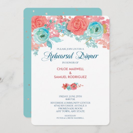コーラルピンクとアクアフローラ結婚のリハーサルディナー 招待状 (正面/裏面)