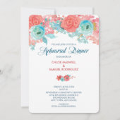 コーラルピンクとアクアフローラ結婚のリハーサルディナー 招待状 (正面)