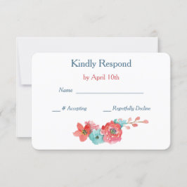 コーラルピンクとアクアフローラ結婚式RSVP 出欠カード