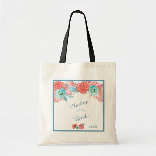 コーラルピンクとアクア結婚フローラ トートバッグ (正面)