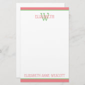 コーラルピンクとグリーンモノグラム 便箋 (正面/裏面)