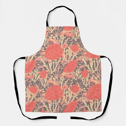 コーラルピンクとグレーのかわいいウミガメパターン(の模様が)ある エプロン (正面)