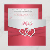 コーラルピンクとグレーのハートのつながった返信カード 出欠カード (正面/裏面)