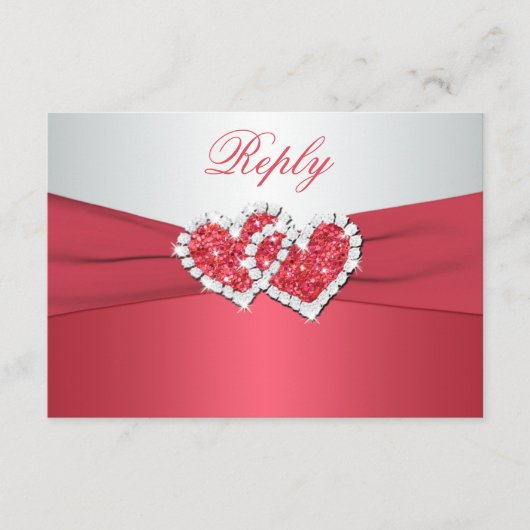 コーラルピンクとグレーのハートのつながった返信カード 出欠カード (正面)