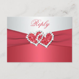 コーラルピンクとグレーのハートの返信カード 出欠カード