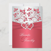 コーラルピンクとグレーのフローラハート結婚式の招待 招待状 (正面)