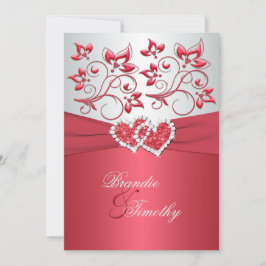 コーラルピンクとグレーのフローラハート結婚式の招待 招待状