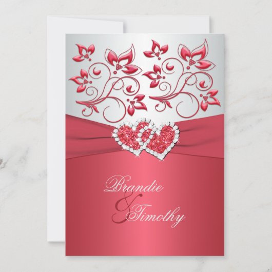 コーラルピンクとグレーのフローラハート結婚式の招待 招待状 (正面)