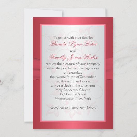 コーラルピンクとグレーのフローラハート結婚式の招待 招待状 (裏面)