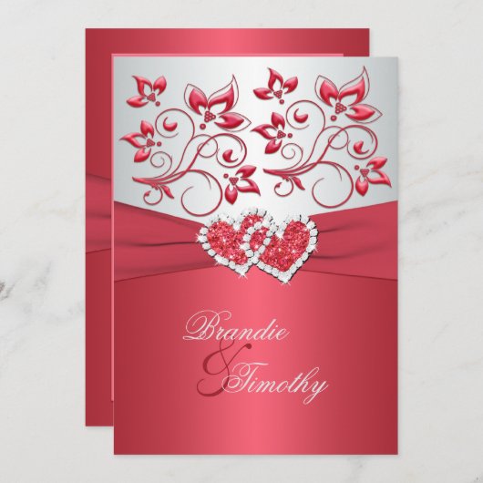 コーラルピンクとグレーのフローラハート結婚式の招待 招待状 (正面/裏面)