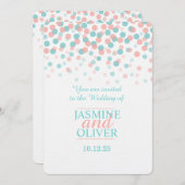 コーラルピンクとティール（緑がかった色）グリーンブルーの結婚式の招待 招待状 (正面/裏面)